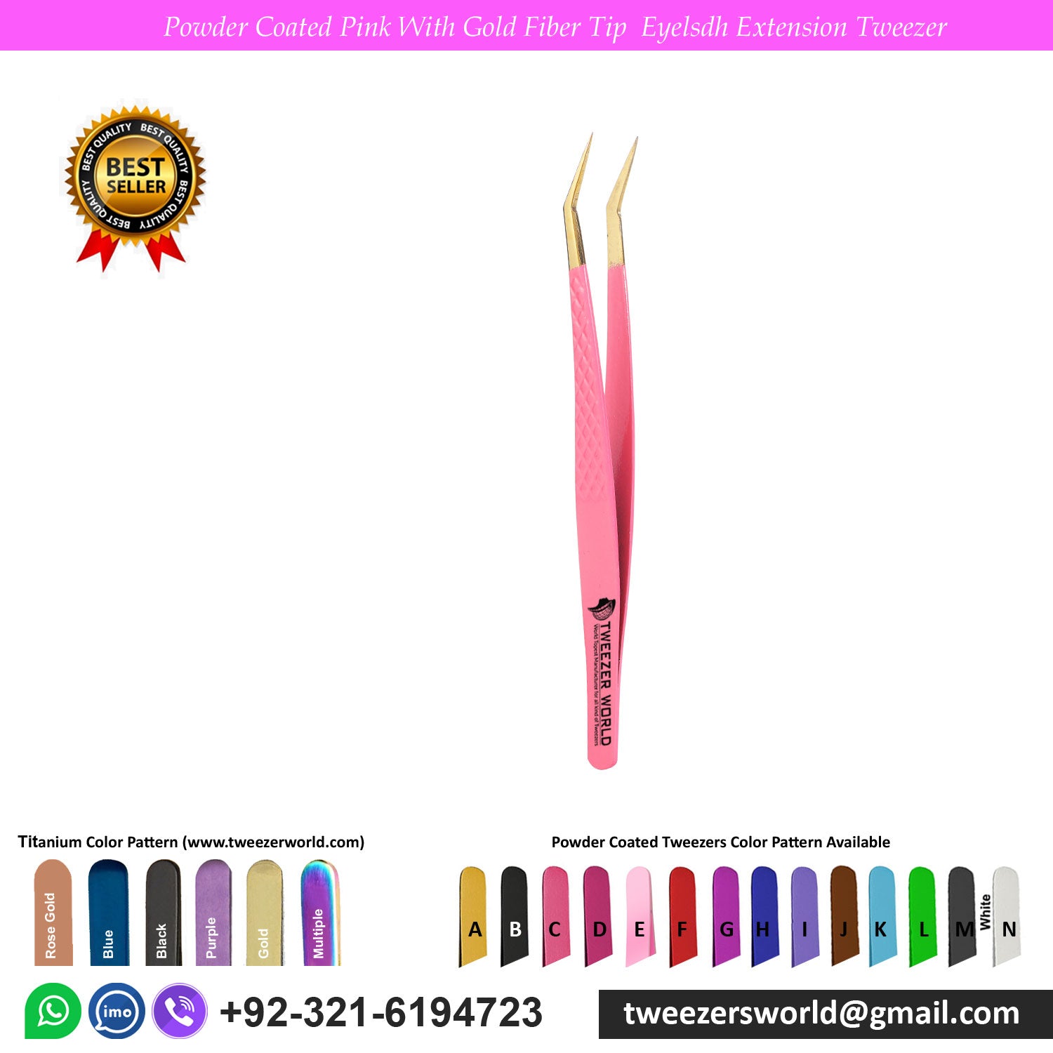 9 Pcs Powder Coated Pink Handle With Gold Fiber Tip Eyelash Extension Tweezers Set