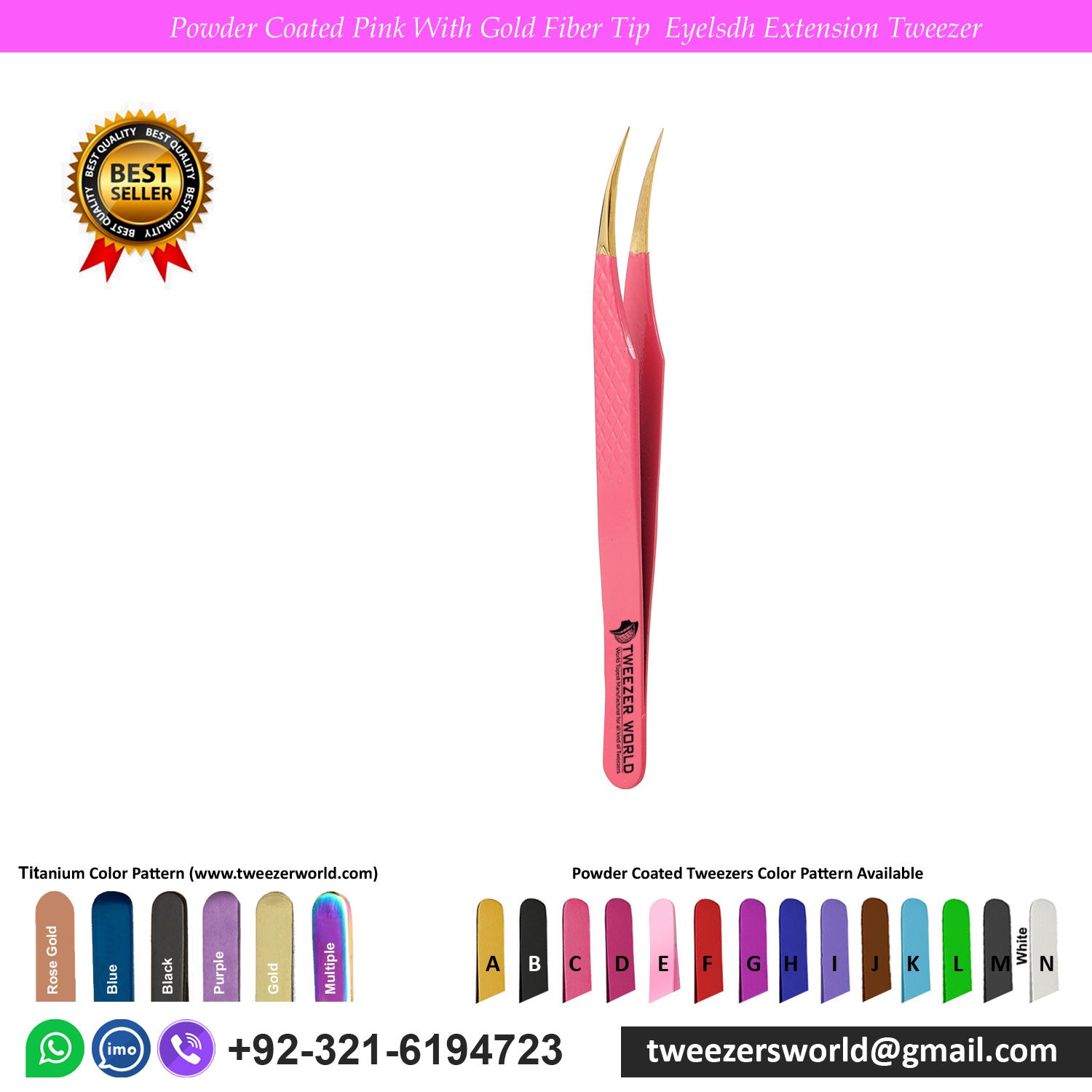 9 Pcs Powder Coated Pink Handle With Gold Fiber Tip Eyelash Extension Tweezers Set