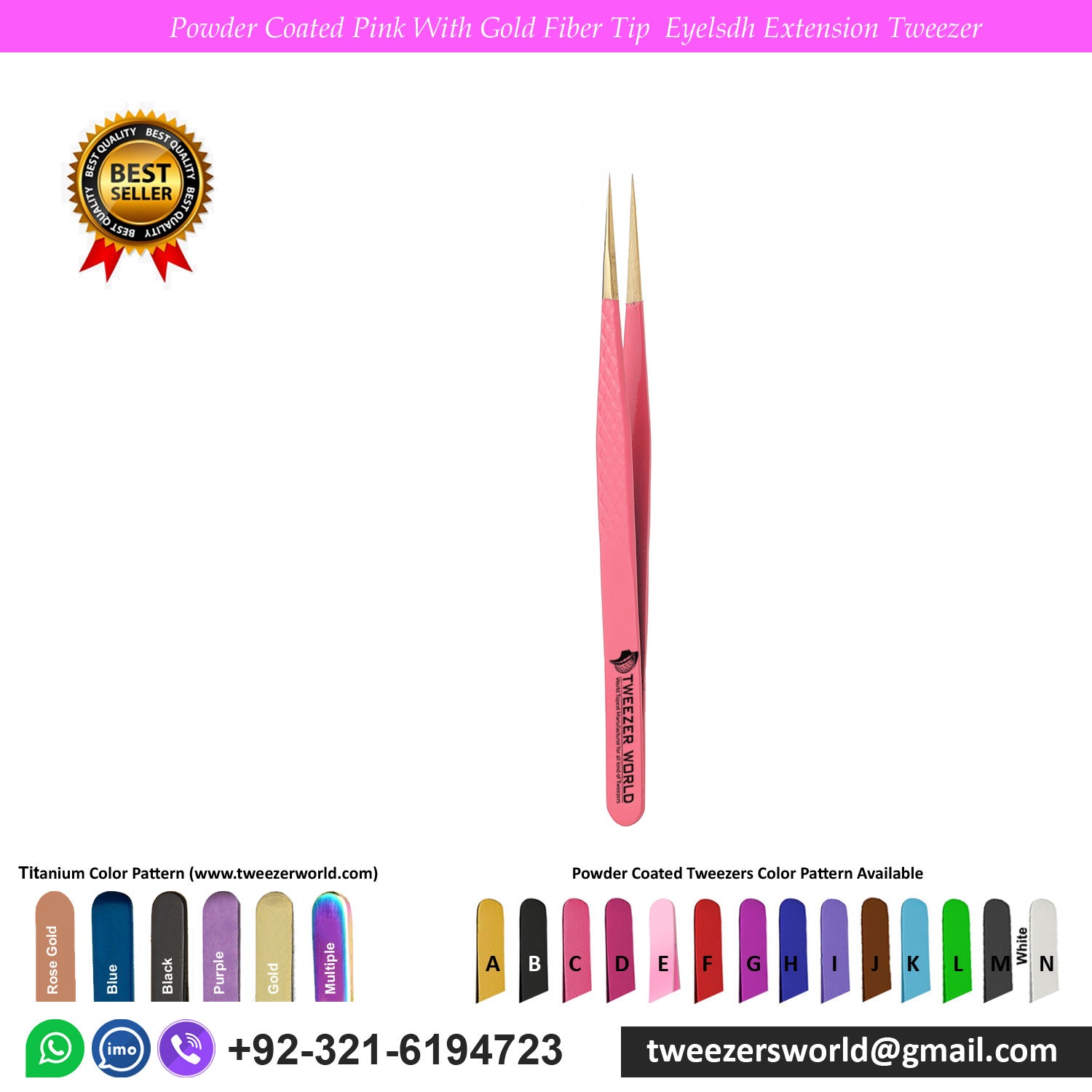 7 Pcs Powder Coated Pink Handle with Gold Fiber Tip Eyelash Extension Tweezers Set