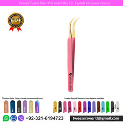 7 Pcs Powder Coated Pink Handle with Gold Fiber Tip Eyelash Extension Tweezers Set