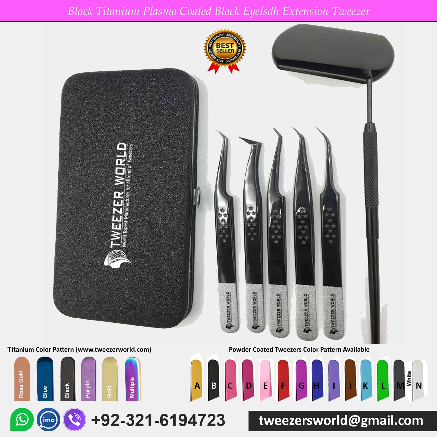 5 Pcs Titanium Black Coated Eyelash Extension Tweezers Set with Eyelash Mirror and Magnet Box