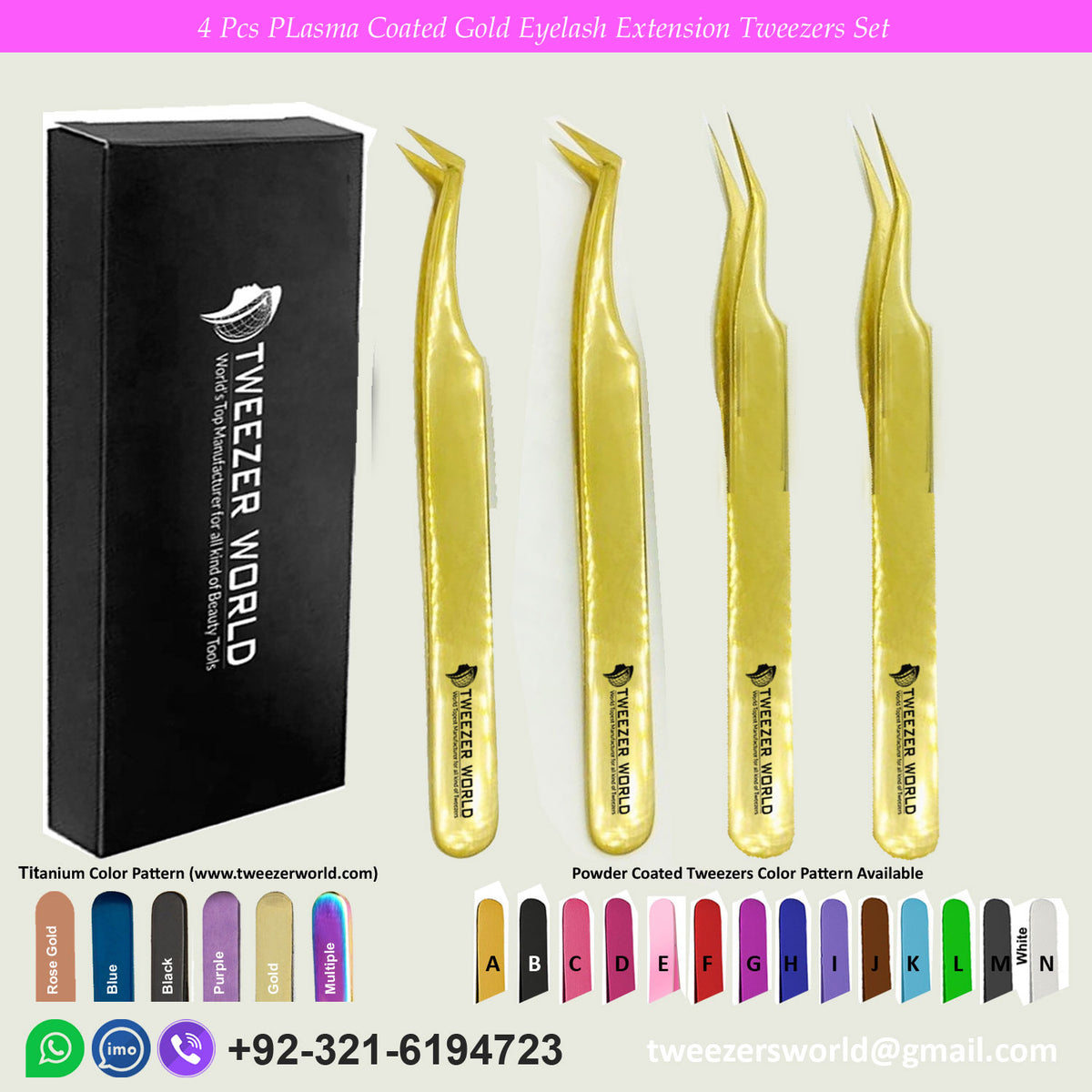 4 Pcs Plasma Coated Gold Eyelash Extension Tweezers Set for Professionals