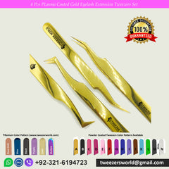 4 Pcs Plasma Coated Gold Eyelash Extension Tweezers Set for Professionals