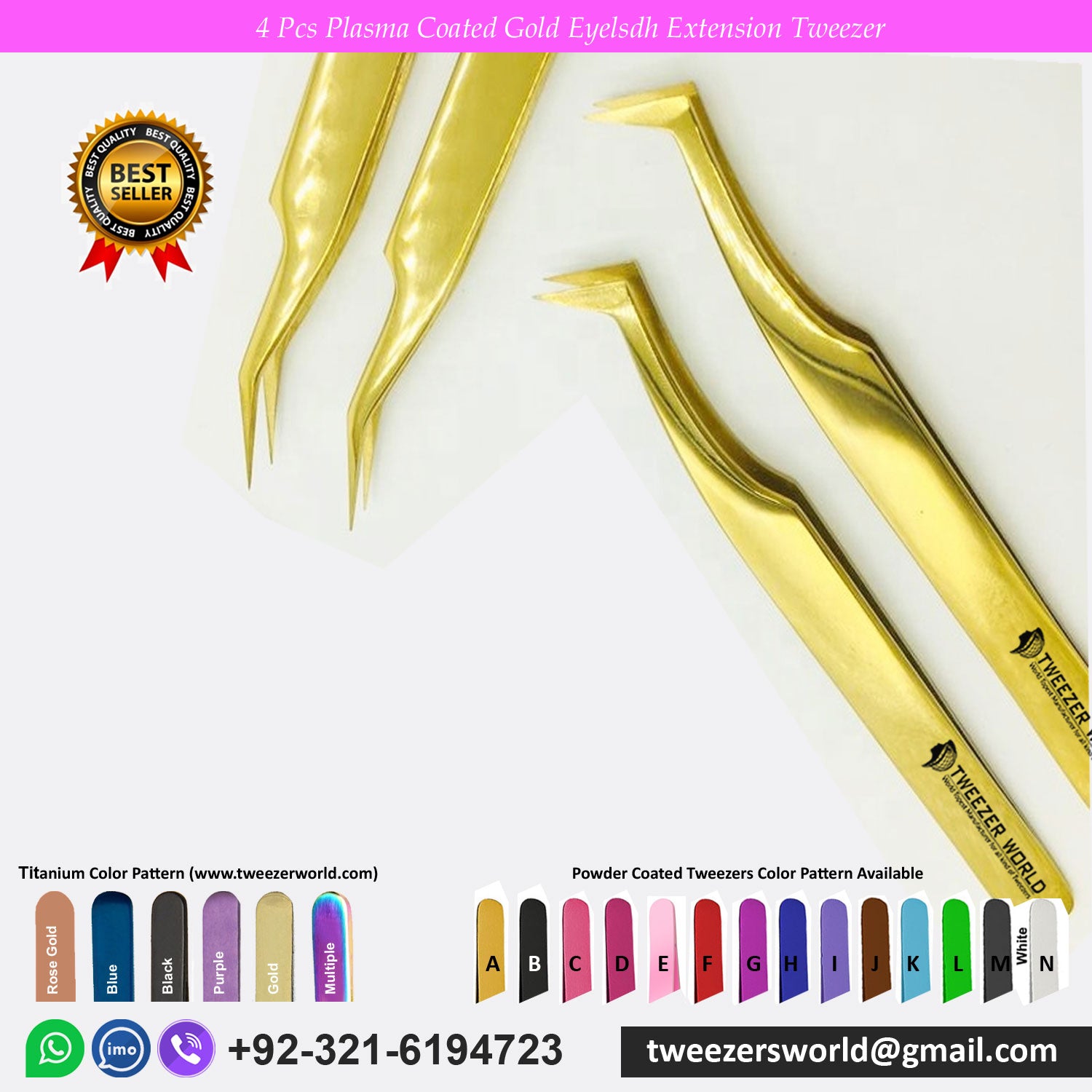 4 Pcs Plasma Coated Gold Eyelash Extension Tweezers Set for Professionals