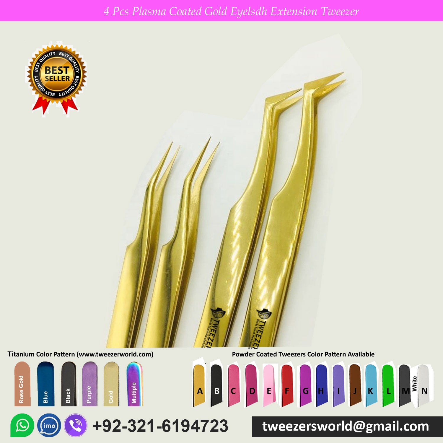 4 Pcs Plasma Coated Gold Eyelash Extension Tweezers Set for Professionals