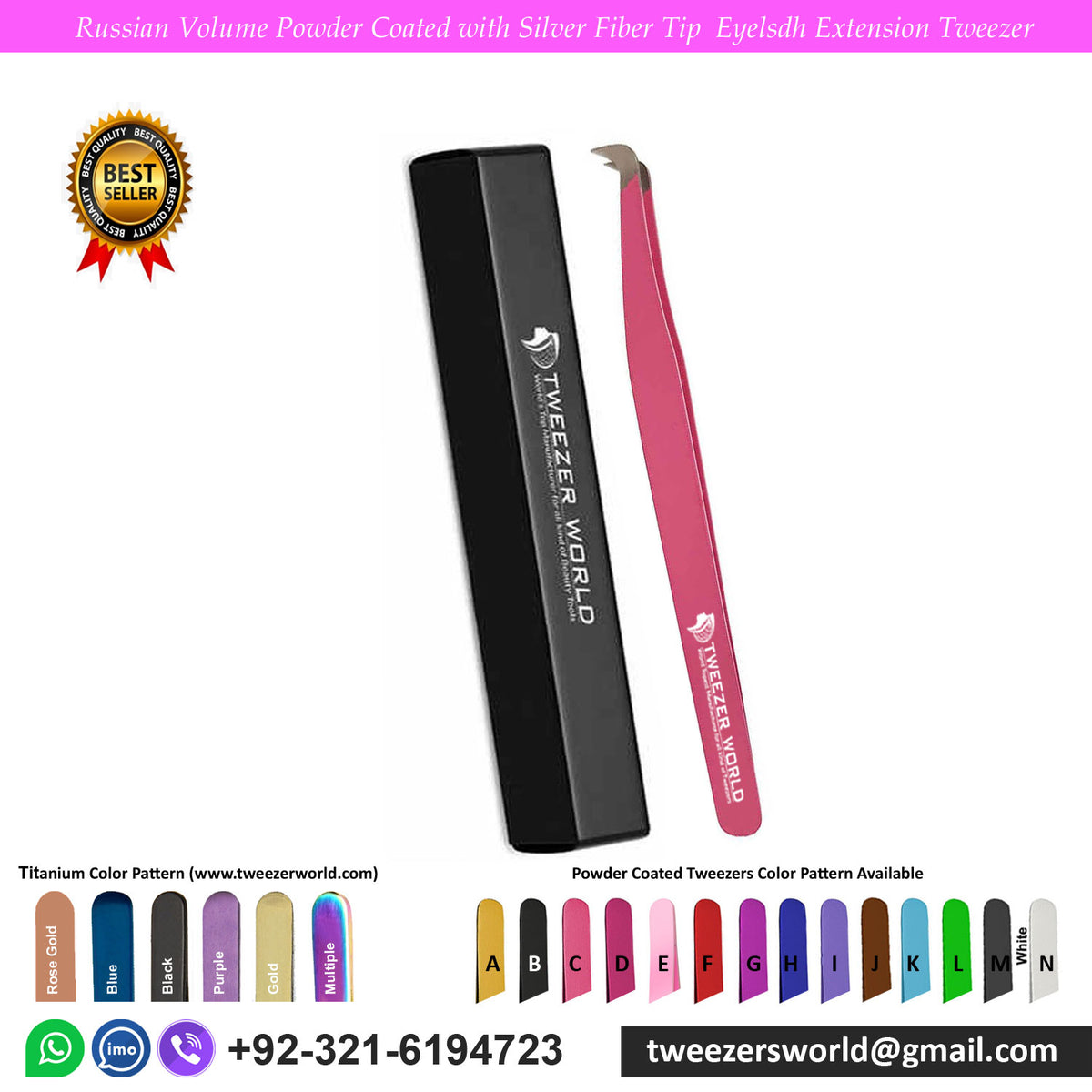 Russian Volume Powder Coated Pink with Silver Fiber Tip Eyelash Extension Tweezer for Professionals