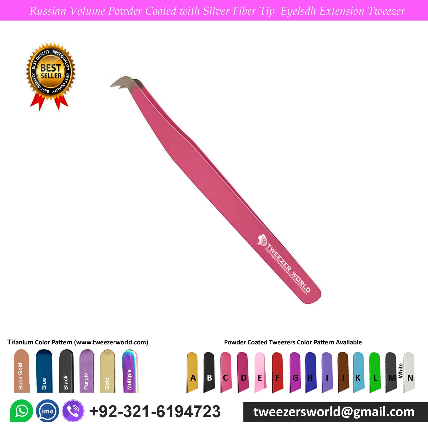 Russian Volume Powder Coated Pink with Silver Fiber Tip Eyelash Extension Tweezer for Professionals