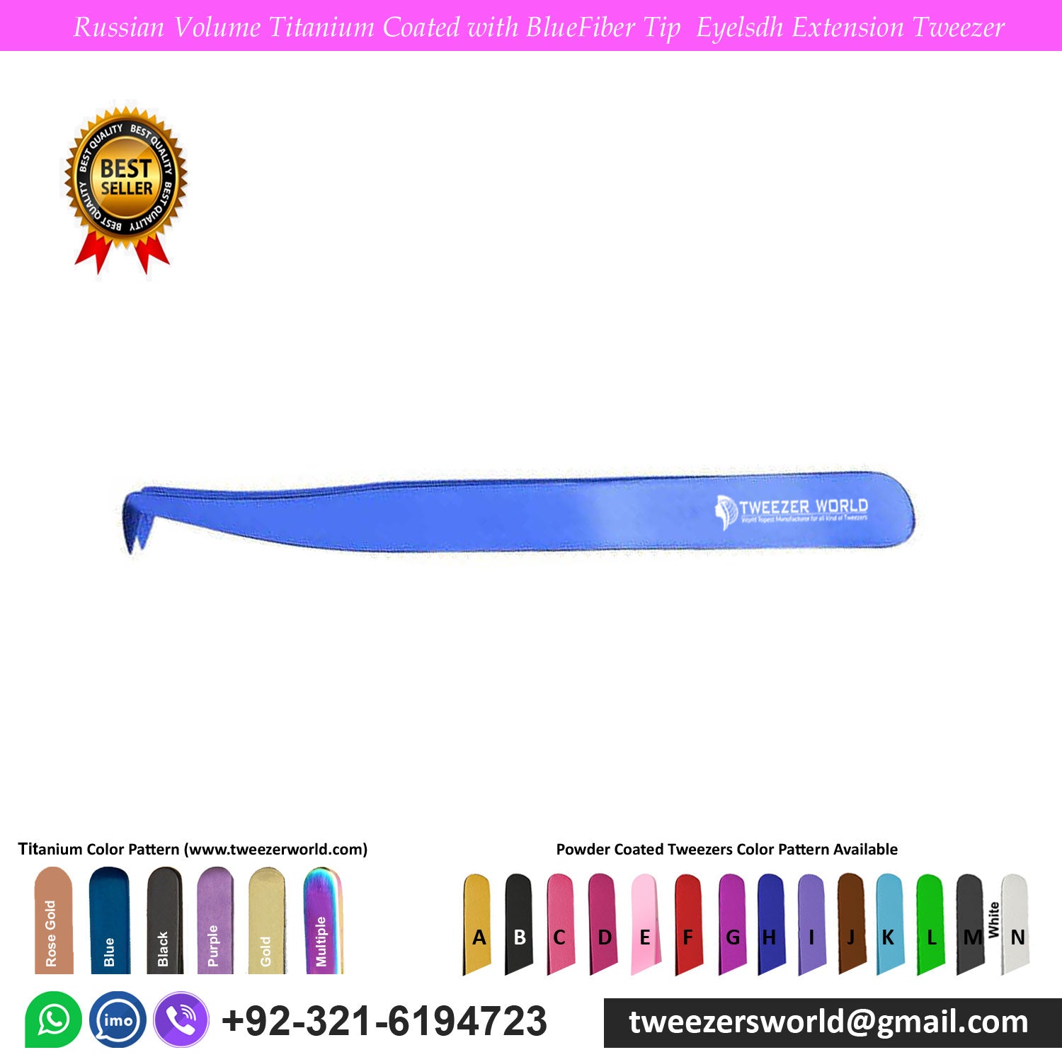 Russian Volume Titanium Coated with Blue Fiber Tip Eyelash Extension Tweezer for Professionals