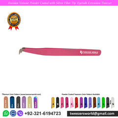 Russian Volume Powder Coated Pink with Silver Fiber Tip Eyelash Extension Tweezer for Professionals