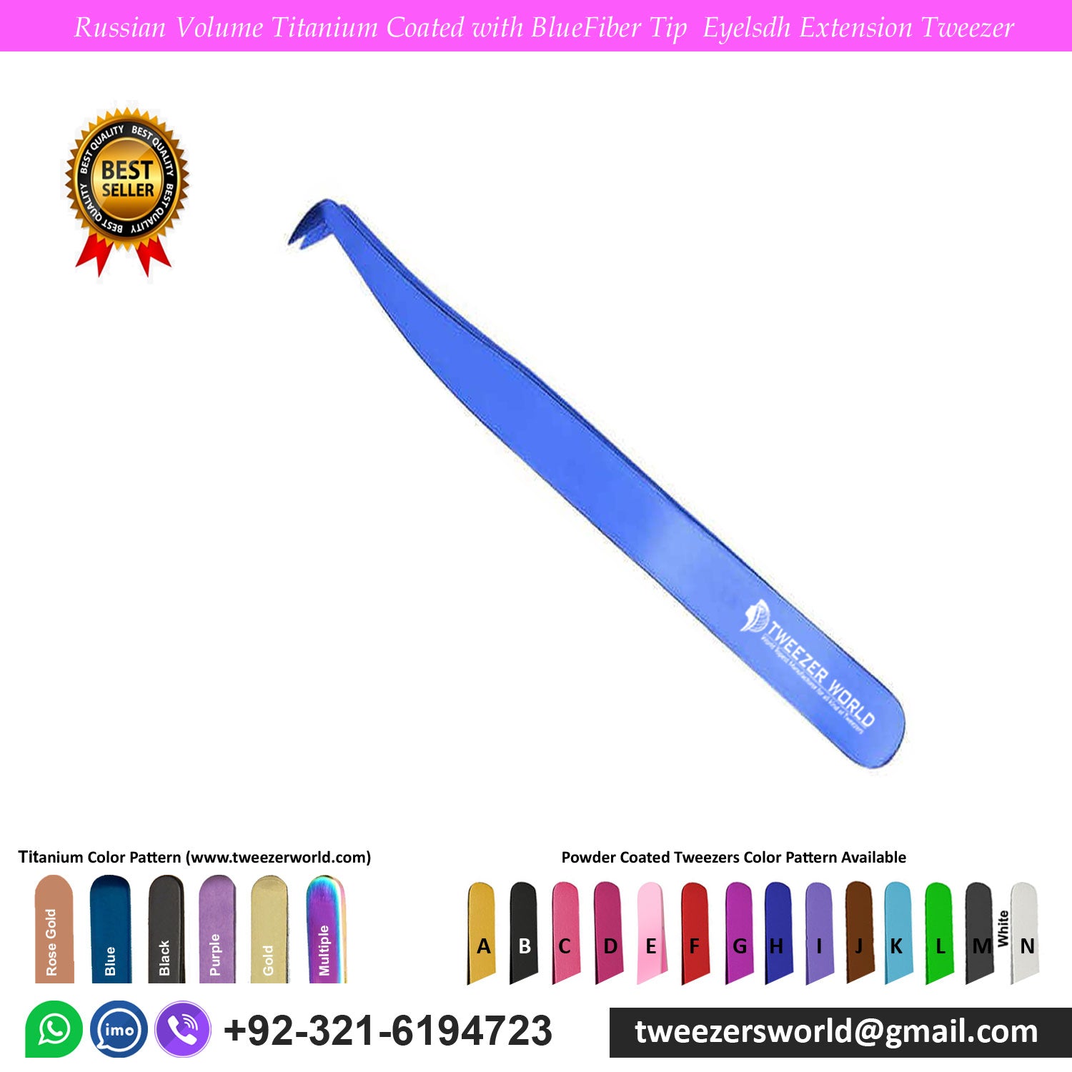 Russian Volume Titanium Coated with Blue Fiber Tip Eyelash Extension Tweezer for Professionals