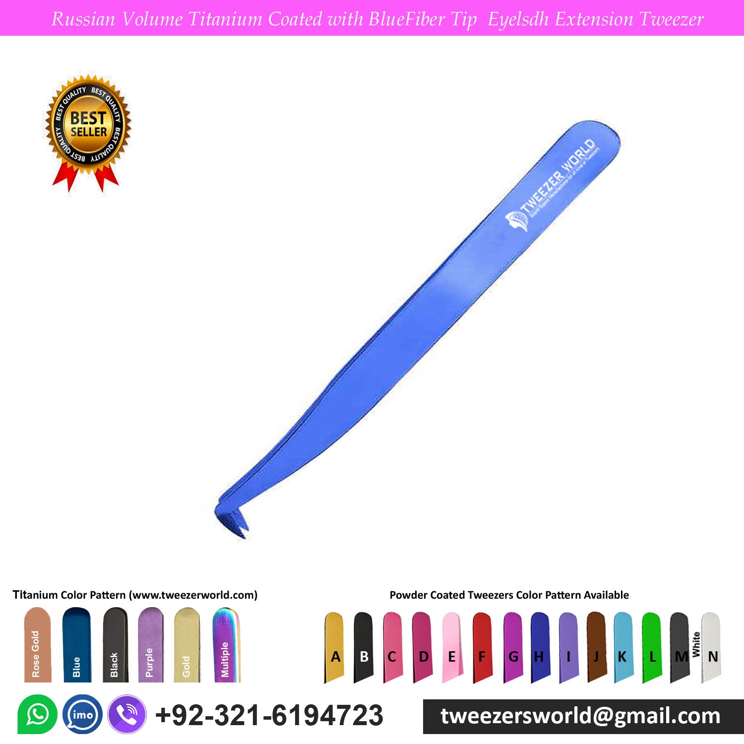 Russian Volume Titanium Coated with Blue Fiber Tip Eyelash Extension Tweezer for Professionals