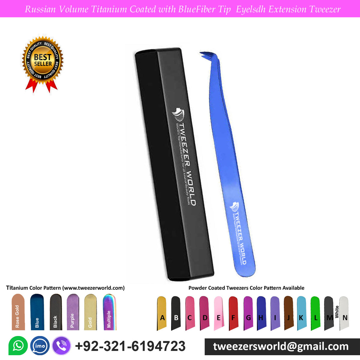 Russian Volume Titanium Coated with Blue Fiber Tip Eyelash Extension Tweezer for Professionals