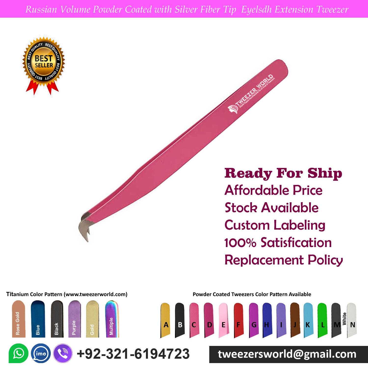 Russian Volume Powder Coated Pink with Silver Fiber Tip Eyelash Extension Tweezer for Professionals