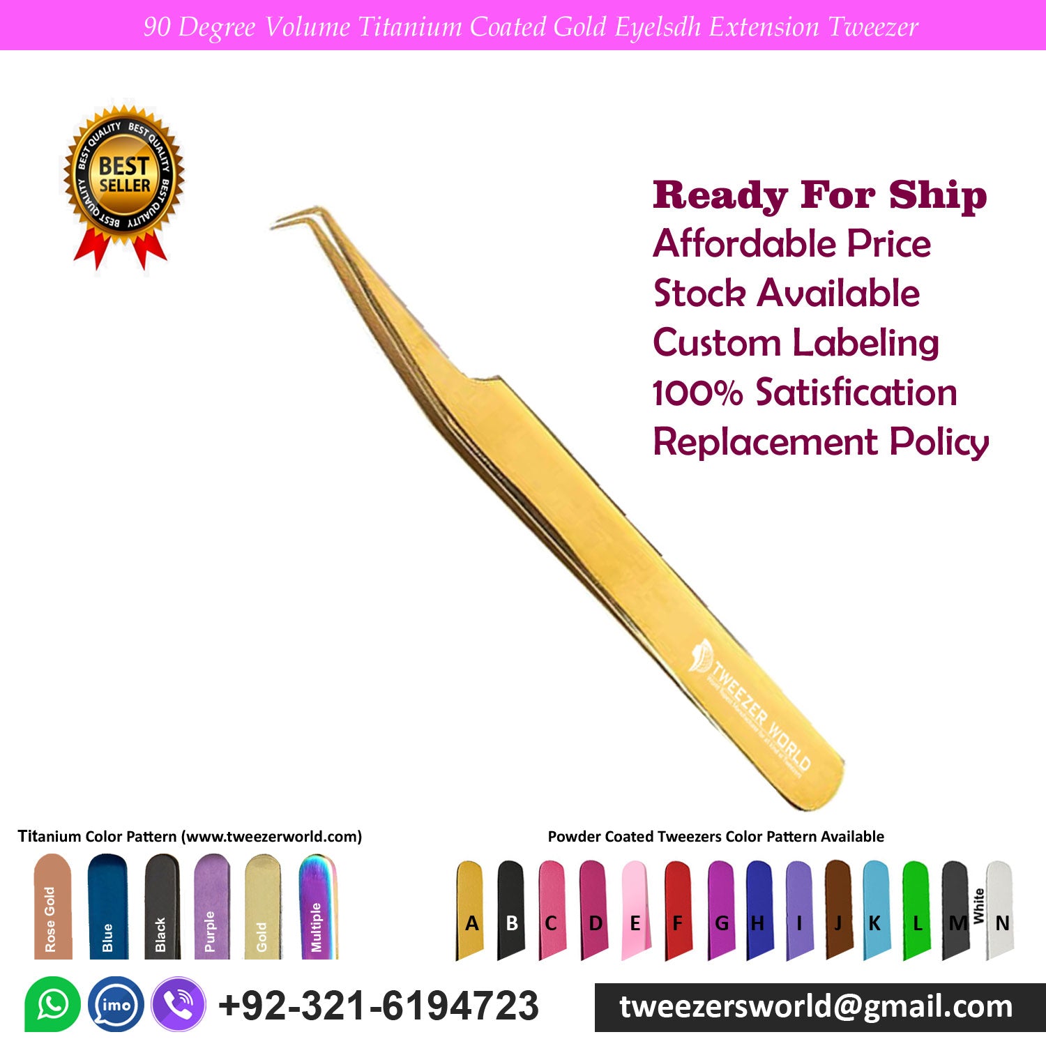 90 Degree Titanium Coated Gold Fiber Tip Eyelash Extension Tweezer for Professionals