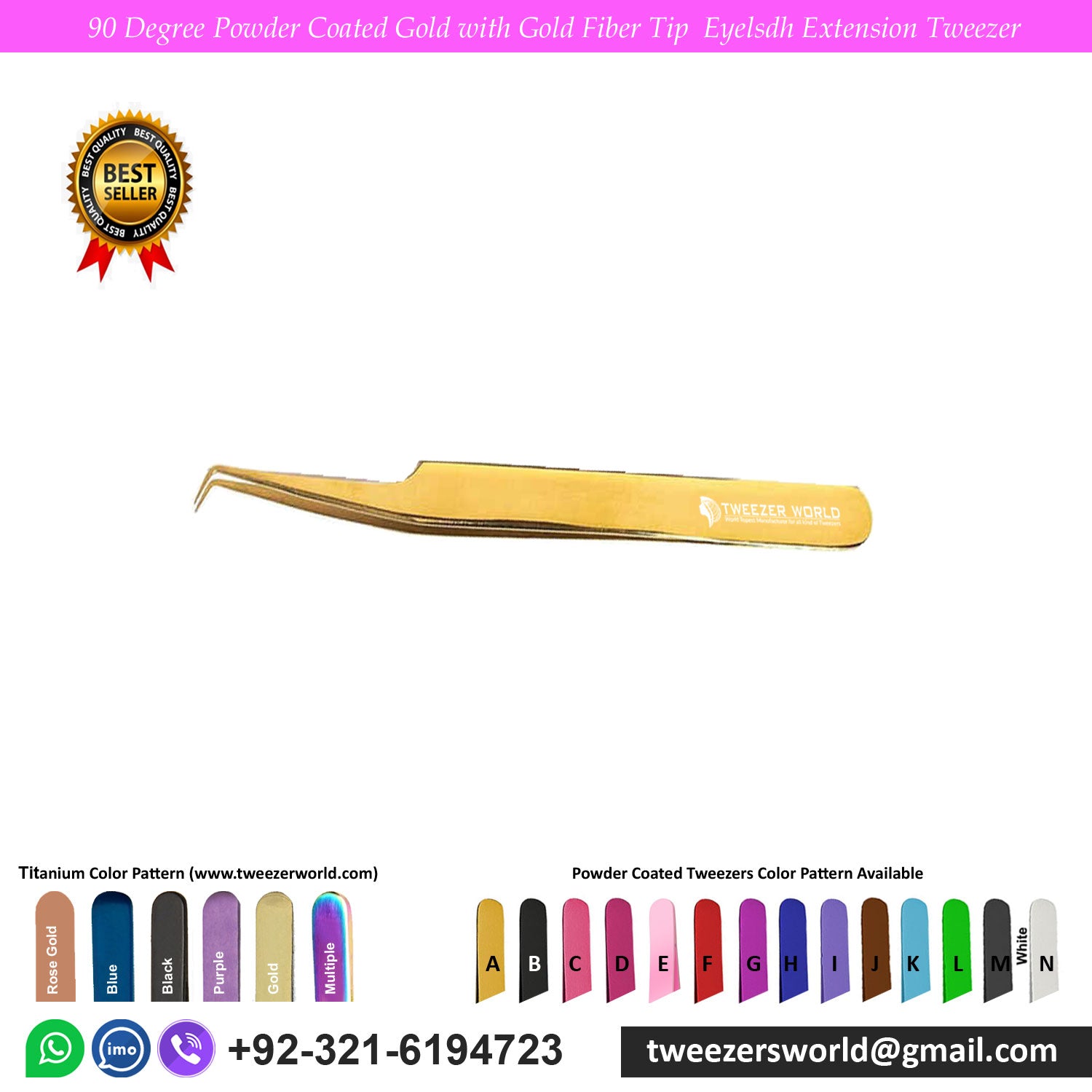 90 Degree Titanium Coated Gold Fiber Tip Eyelash Extension Tweezer for Professionals