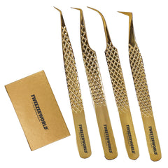 TWEEZER WORLD 4pcs Gold Set of lash Tweezer Extension