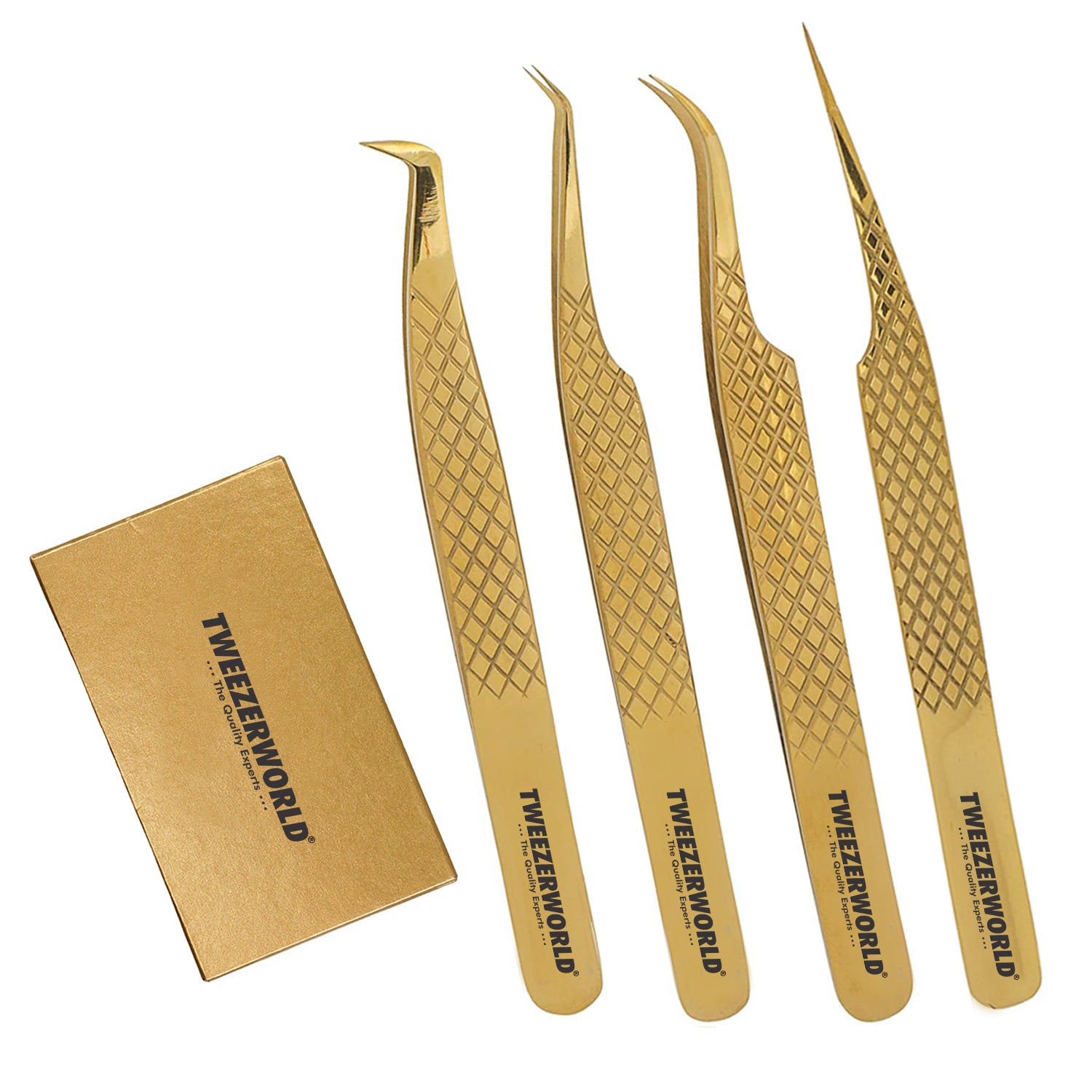 TWEEZER WORLD 4pcs Gold Set of lashes Tweezer Extension