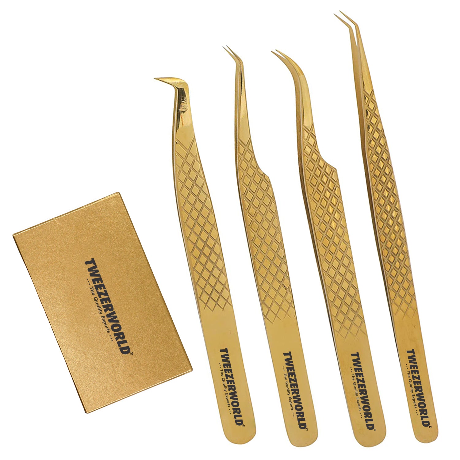 TWEEZER WORLD 4pcs Gold Set of lash Tweezers Extension