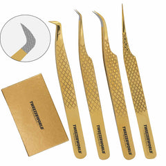 TWEEZER-WORLD Lash Tweezers Fiber Tip Lash Gold 4pcs Set