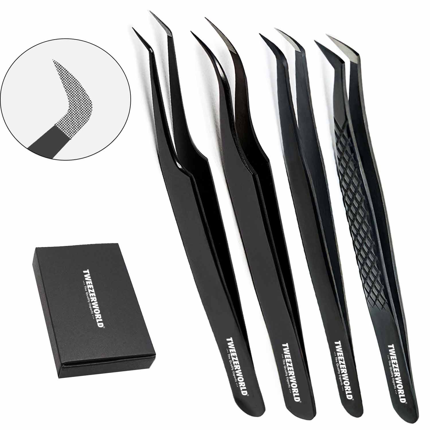 TWEEZER WORLD Black Lash Tweezers fiber tip 4pcs set