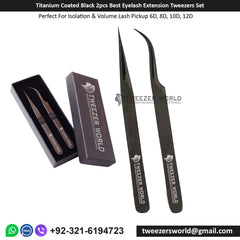 Titanium Coated Black 2pcs Best Eyelash Extension Tweezers Set