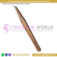 Titanium Coated Gold Eyelash Tweezers 45 Degree Angled Tip 5,6,7,8mm