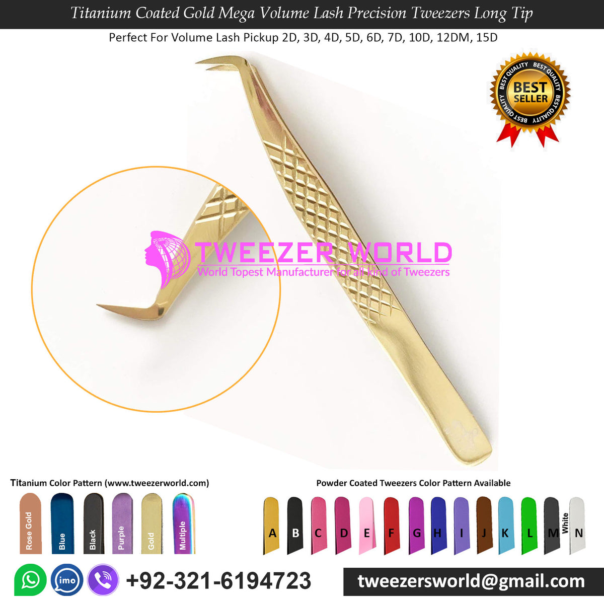 Titanium Coated Gold Mega Volume Lash Precision Tweezers Long Tip