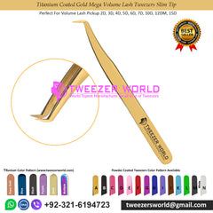 Titanium Coated Gold Mega Volume Lash Tweezers Slim Tip