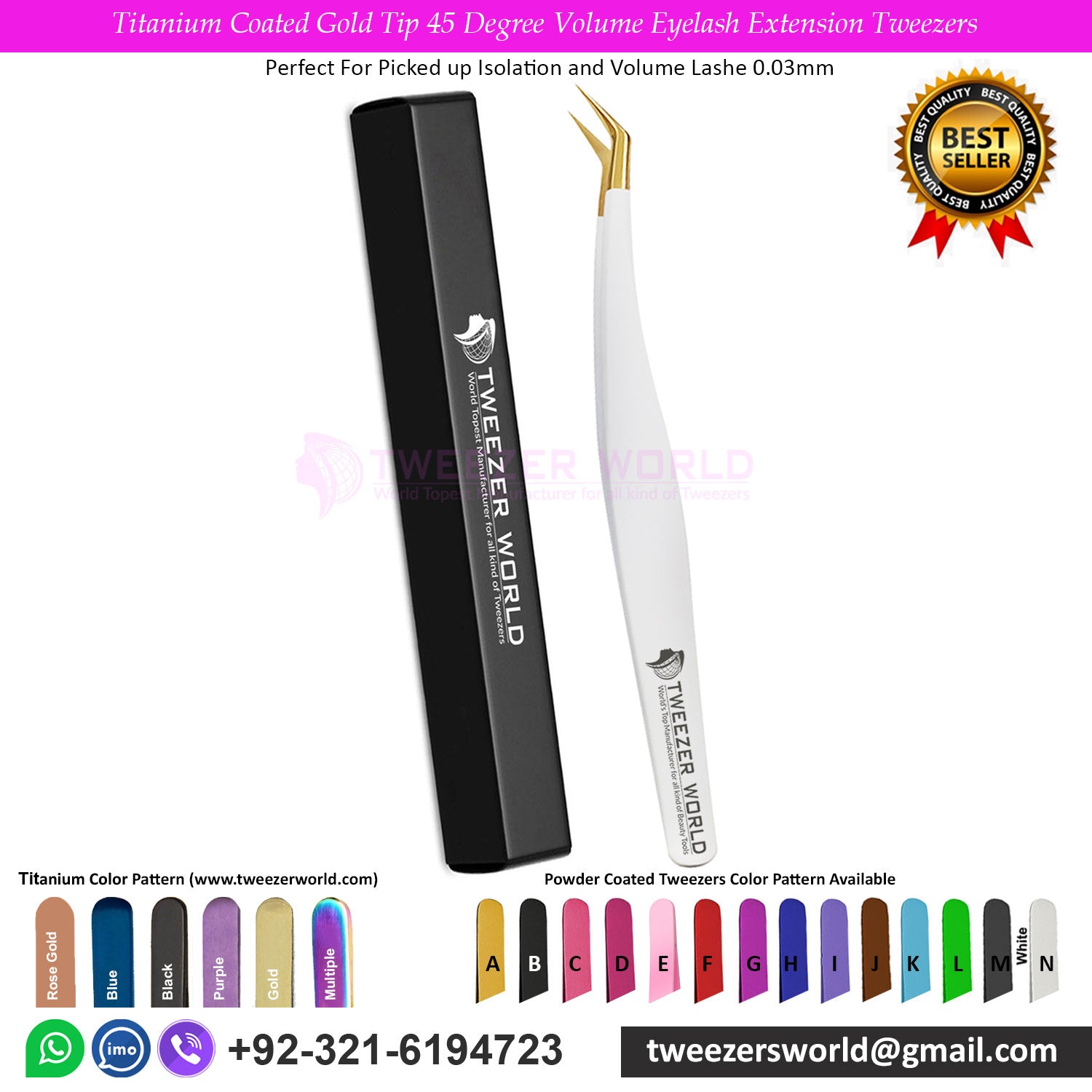 2pcs Titanium Coated Gold Tip Eyelash Extension Tweezers Set