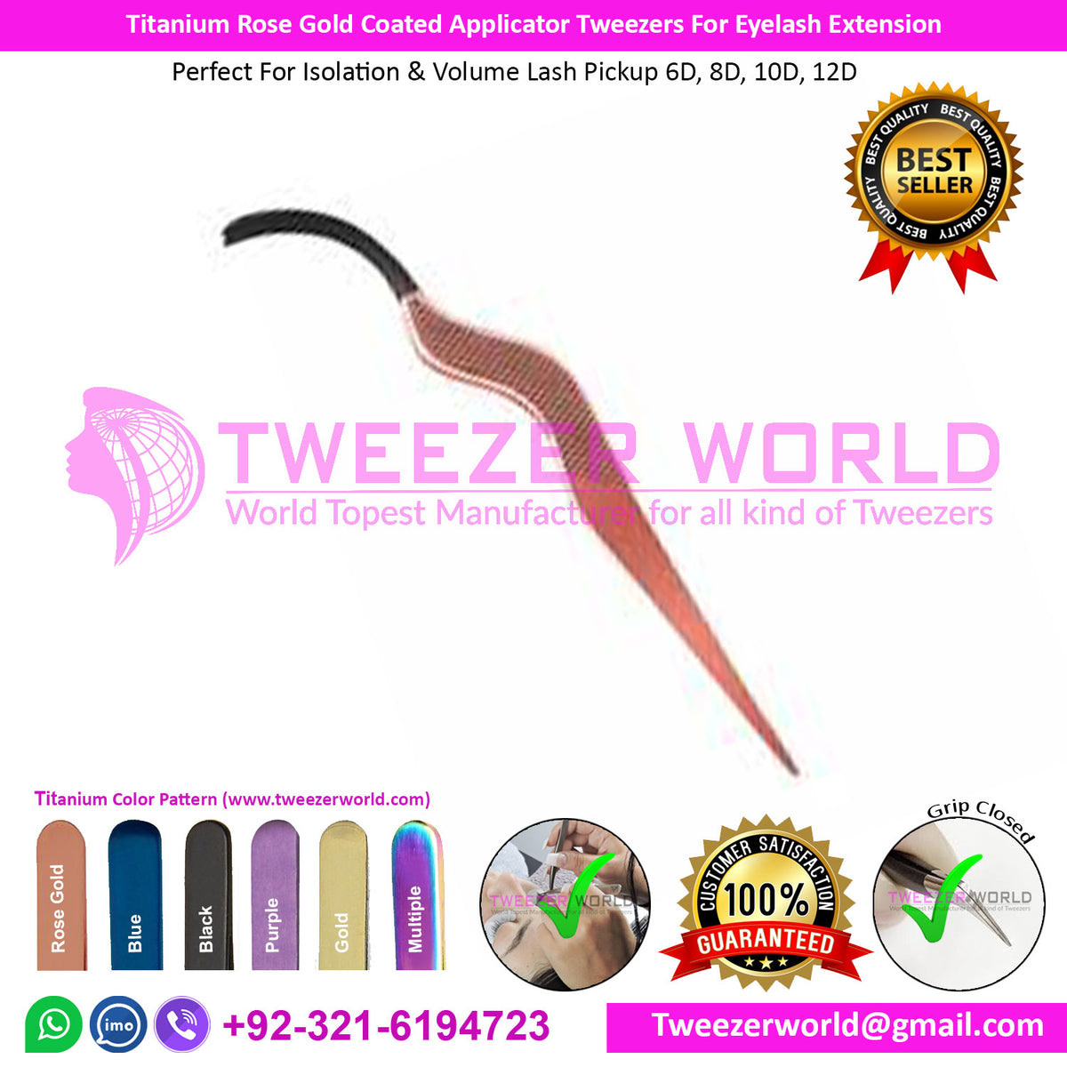 Titanium Rose Gold Coated Applicator Tweezers For Eyelash Extension