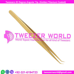 Eyelash Tweezers 45 Degree Angular Tip Golden Titanium Coated