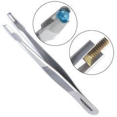A pair of stainless steel precision tweezers with textured gripping jaws and the brand name 'TWEEZWORLD' printed on the handle, shown on a white background with two circular detail insets highlighting the tip and jaw construction.
