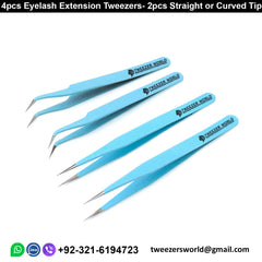 4pcs Eyelash Extension Tweezers- 2pcs Straight and 2pcs Curved Tip