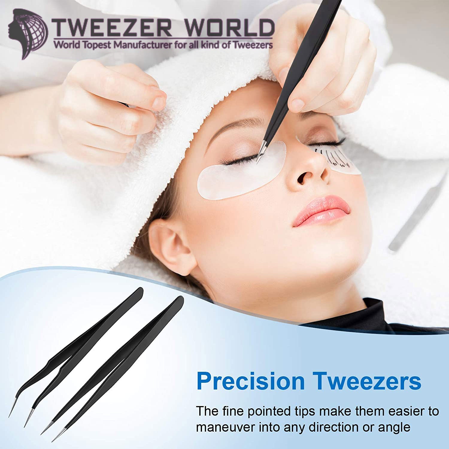 Top quality 2pcs Black Straight Curved Tip Eyelash Tweezers Set