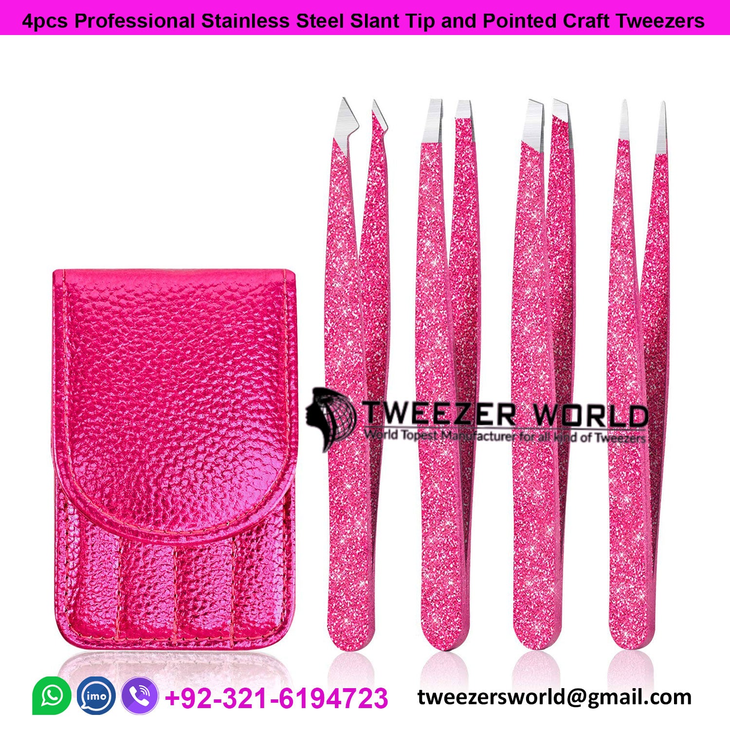 4-piece,Professional Slant Tip and Pointed Tweezers with Leather Case