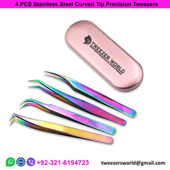 4 PCS Stainless Steel Curved Tip Precision Tweezers (Rainbow)