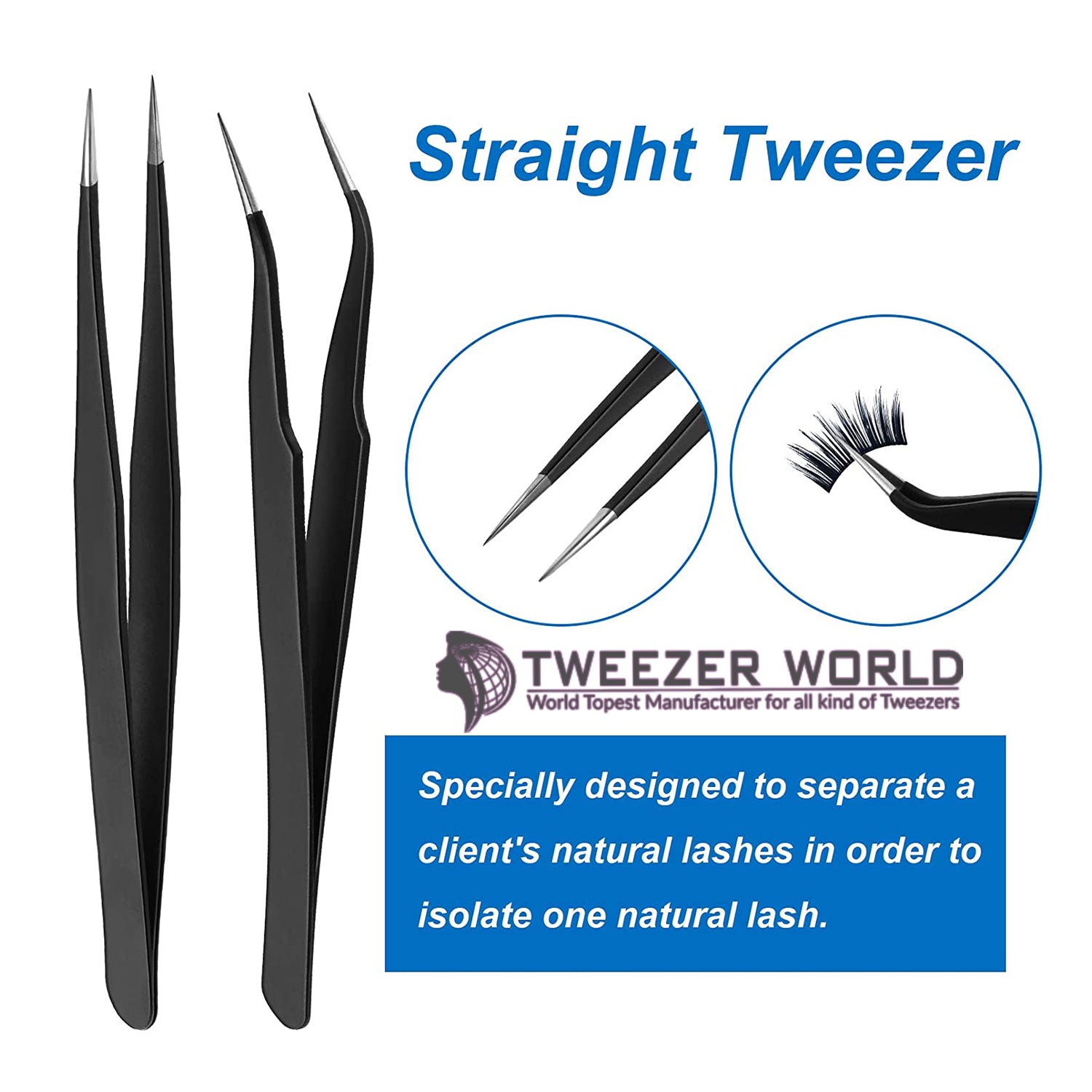 Top quality 2pcs Black Straight Curved Tip Eyelash Tweezers Set