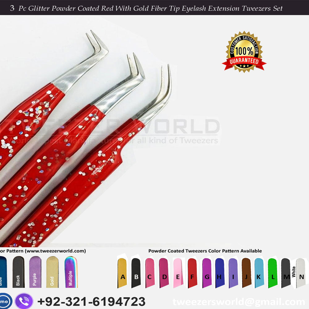 3 Pcs Glitter Powder Coated Red With Silver Fiber Tip Eyelash Extension Tweezers Set