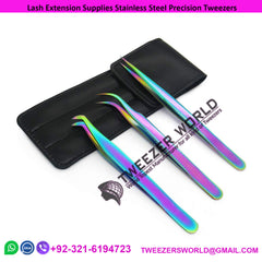 Lash Extension Supplies Stainless Steel Precision Tweezers (3 pcs, Rainbow)