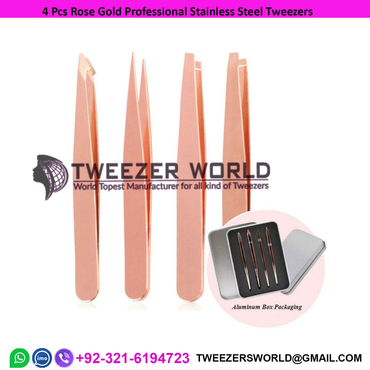 4pcs Rose Gold Professional Stainless Steel Tweezers