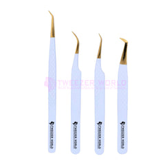 White Handle  Gold Tip Eyelash Tweezers Set Volume, Curve 45 Degree