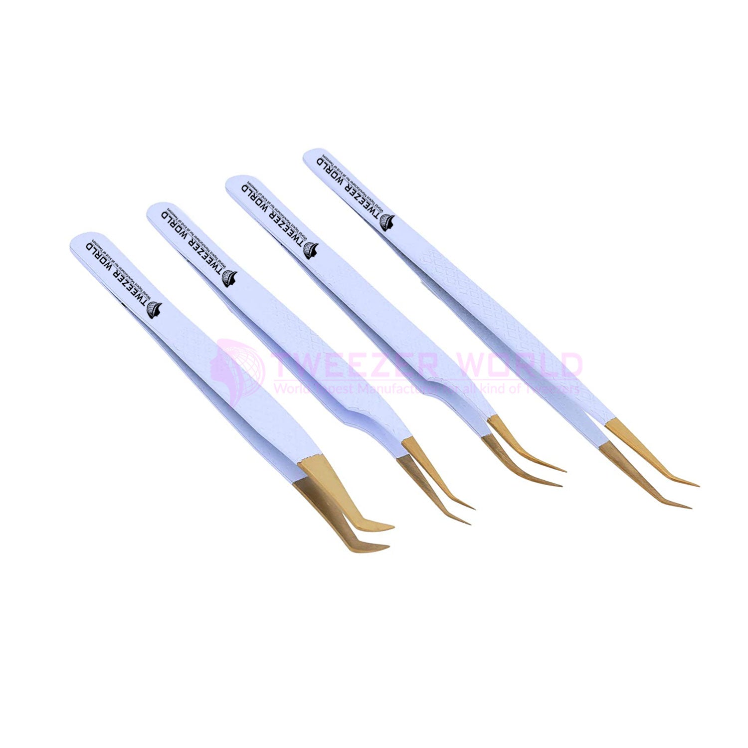 White Handle  Gold Tip Eyelash Tweezers Set Volume, Curve 45 Degree