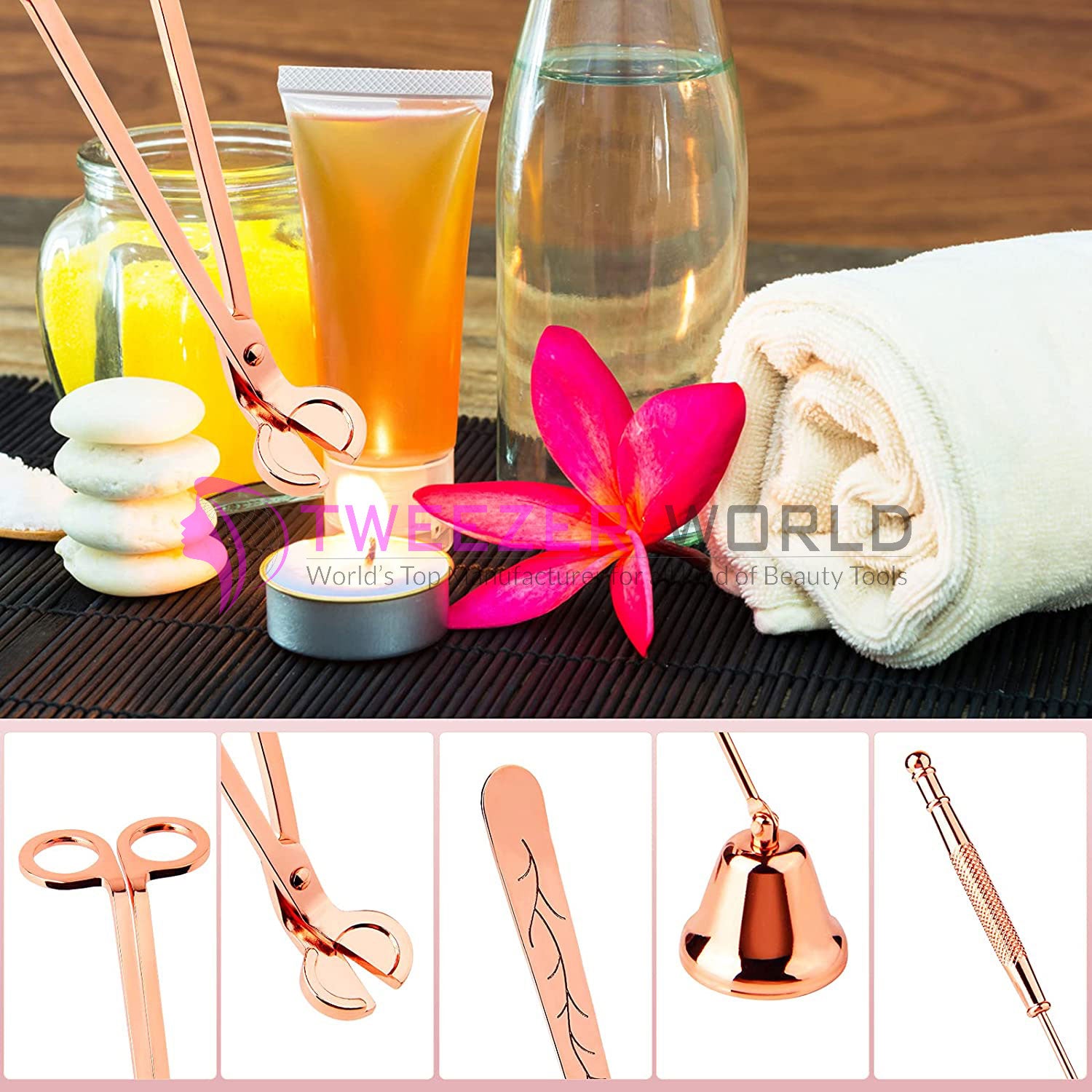 Top Quality 3Pcs Wick Candle Rose Gold Candle Tool With Candle Snuffer