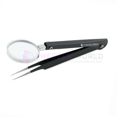 Professional Black Powder Coated Tweezers with Magnifying Glass