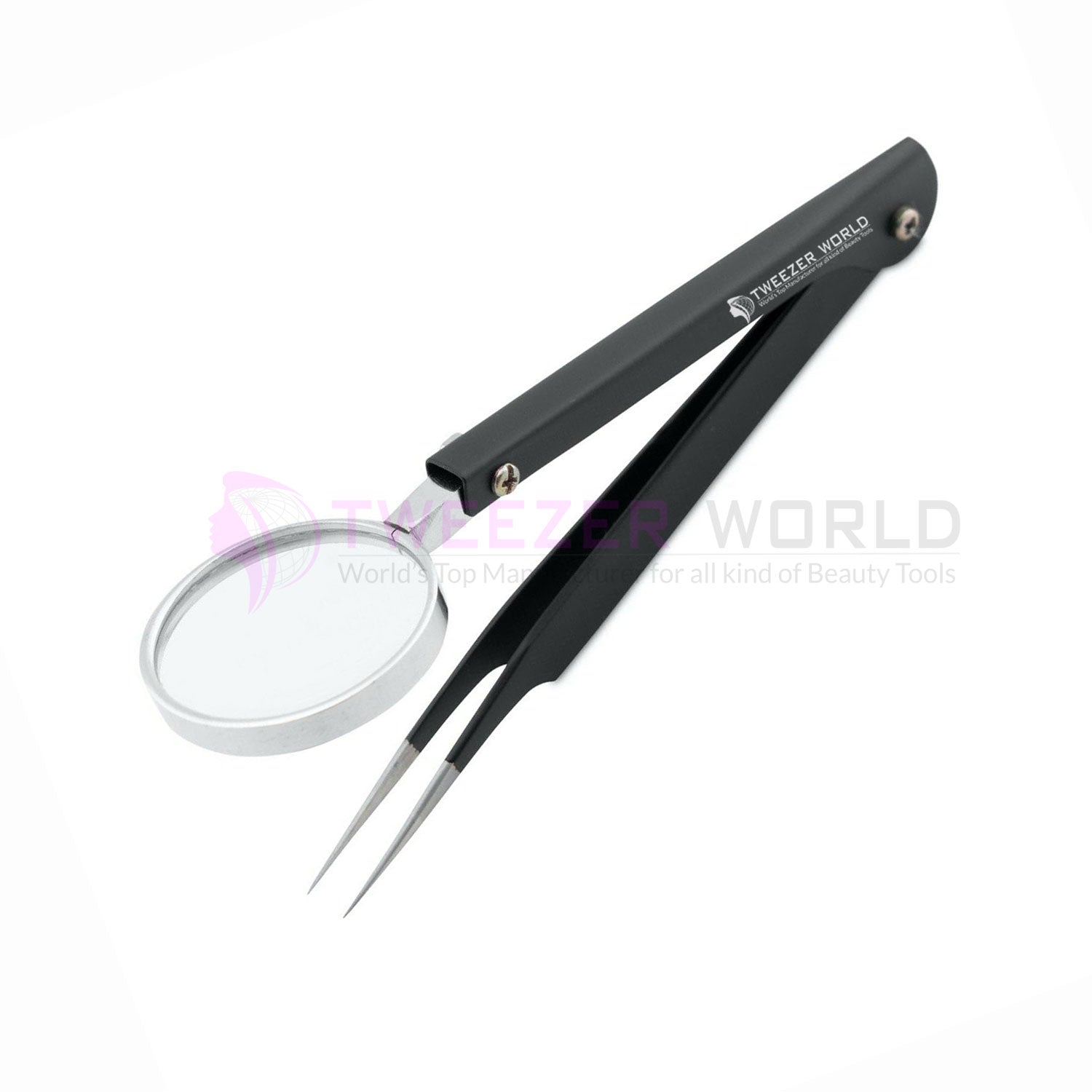 Professional Black Powder Coated Tweezers with Magnifying Glass