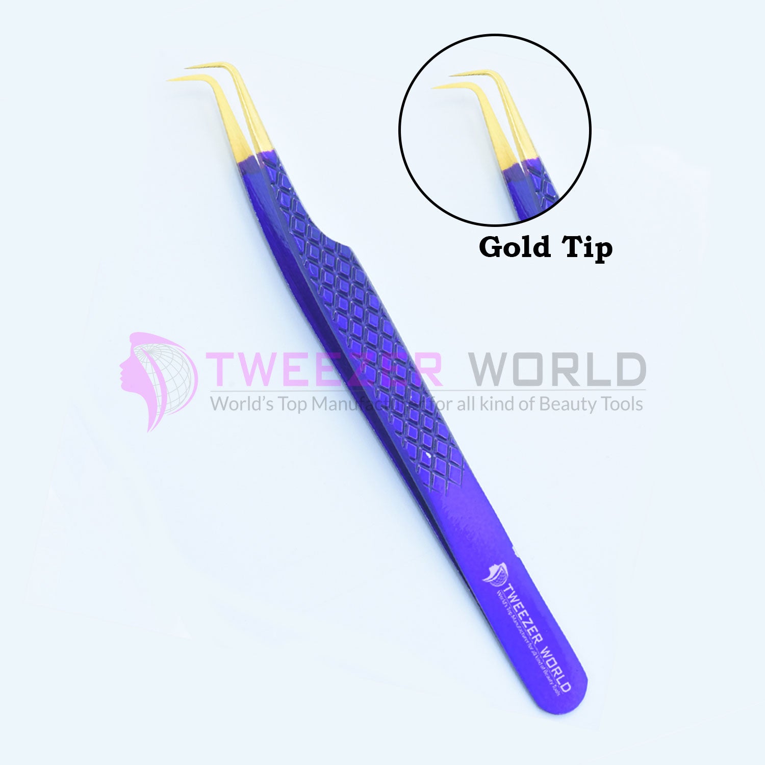 90 Degree Diamond Grip Gold Tip Blue Eyelash Extension Tweezers