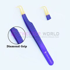 90 Degree Diamond Grip Gold Tip Blue Eyelash Extension Tweezers