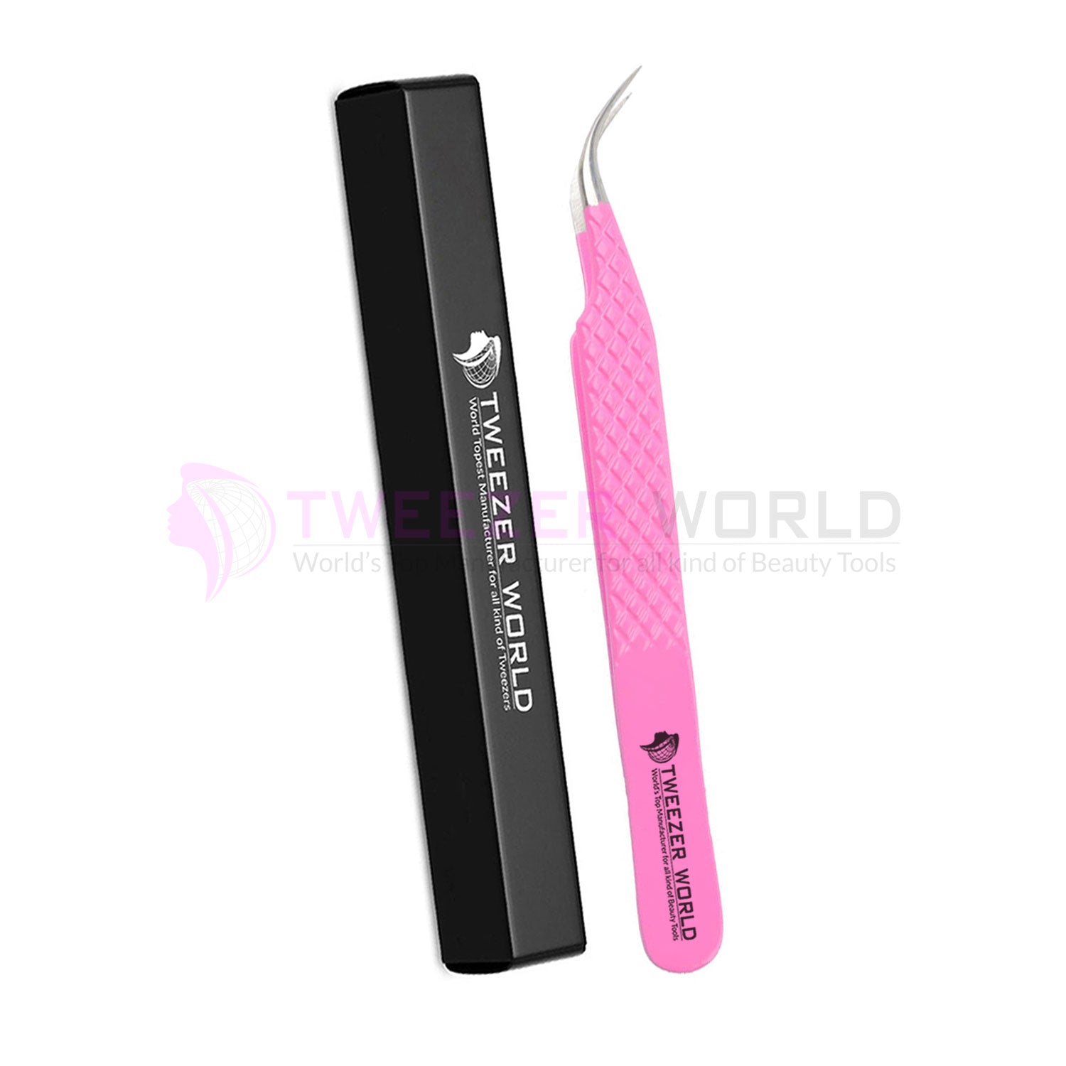 S-Curved Diamond Grip Pink Powder Coated Eyelash Tweezers