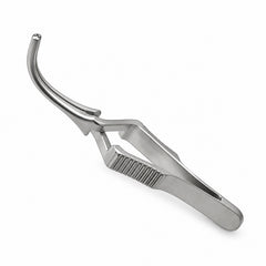 DeBakey Cross-Action Bulldog Clamp – Curved, 16 mm — catalogue illustration on white background