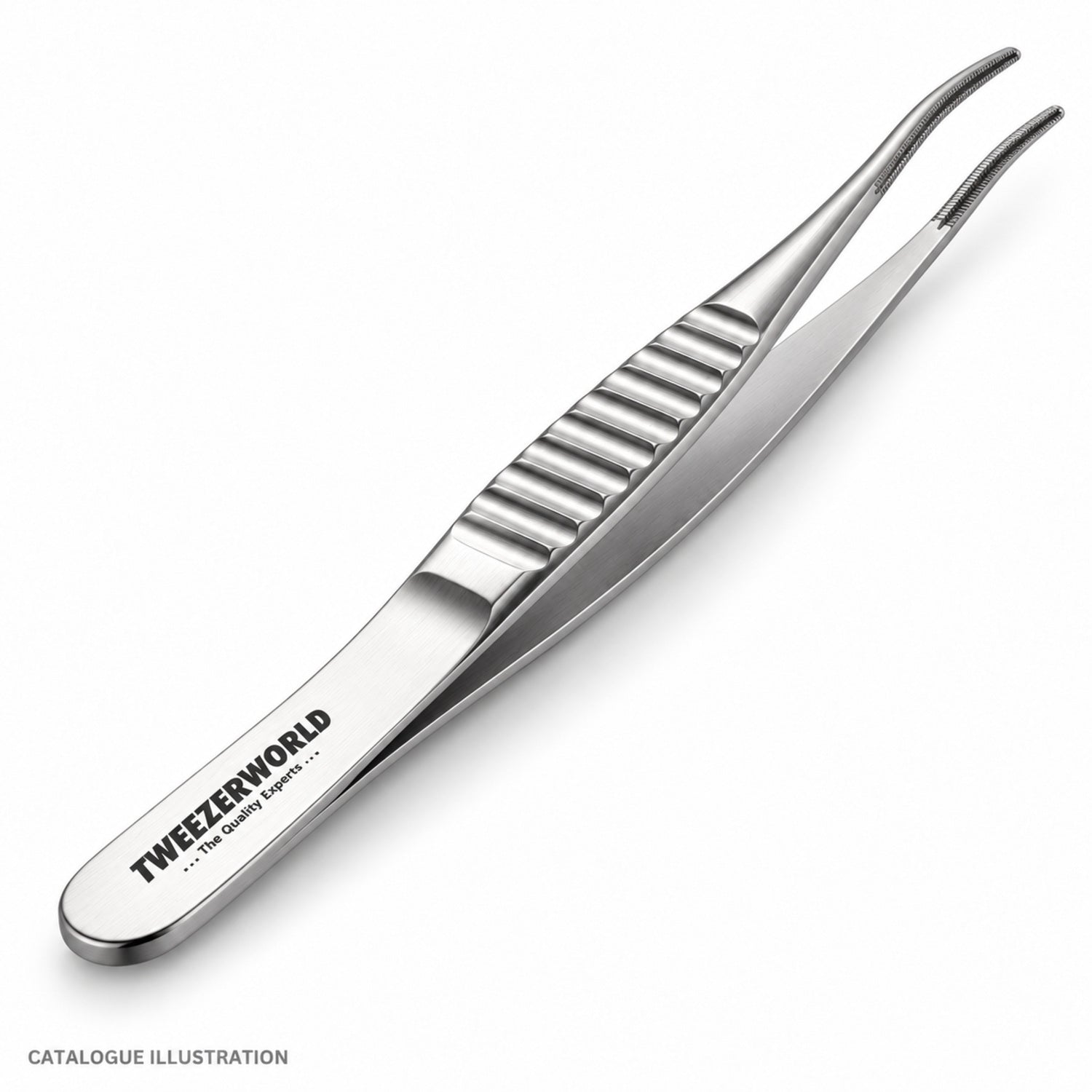 TWEEZER WORLD DeBakey curved forceps, tail detail view — catalogue illustration; sample geometry pending verification